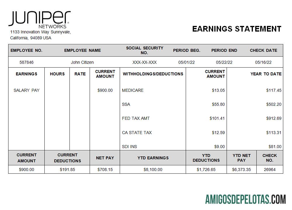 Recibo de pagamento da Juniper Networking Company dos EUA exemplo